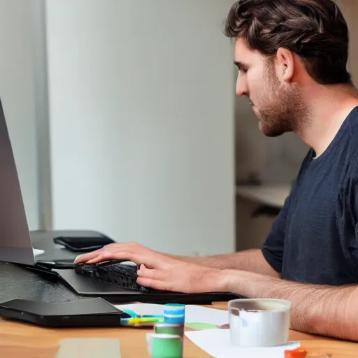 Prompt: color painting, highly realistic, heavyset man typing at his computer, using his mouse, looking at the screen, sitting in an office chair in his dimly lit bedroom