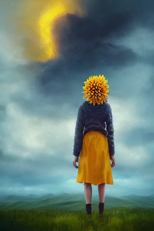 Image similar to closeup girl with huge yellow dahlia flower face, intricate, standing on mountain, surreal photography, blue storm clouds, dramatic light, impressionist painting, digital painting, artstation, simon stalenhag