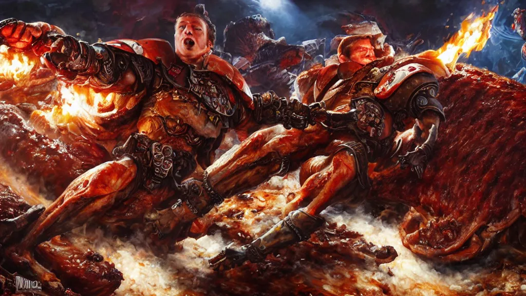 Prompt: mark zuckerberg shredding documents in front of an epic meaty landscape of ribs and turkey legs, warhammer 4 0 k artwork