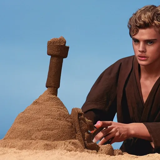 Prompt: Picture of an adult Anakin Skywalker building a sand castle on Tatooine, played by hayden christensen, award-winning
