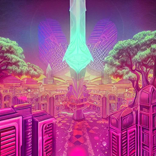 Image similar to mystical psychedelic poster with shaded lighting in the style of andriod jones and arjun brooklyn, radiant light, detailed and complex environment, beautiful, peaceful, utopic astral city in the sky with many buildings and temples reflecting a modern city on the ground with old growth pine trees, overlaid sacred geometry, with implied lines, gradient of hot pink and neon baby blue