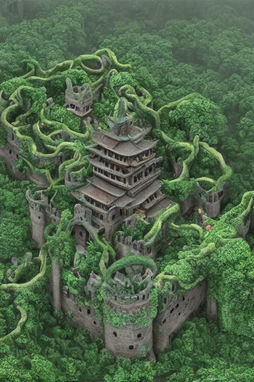 Image similar to giant ancient chinese castle in an forest with some ivy plants on the walls, by zhang zeduan, qiu ying, tang yin, cinematic, epic, dramatic lighting from above, dark, vines, fantasy, dust, unreal engine, octane, highly detailed, concept art, dark, super realistic