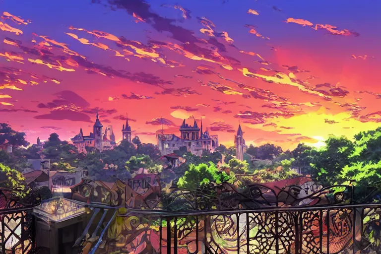 Prompt: anime digital art view from castle balcony sunset overlooking kingdom