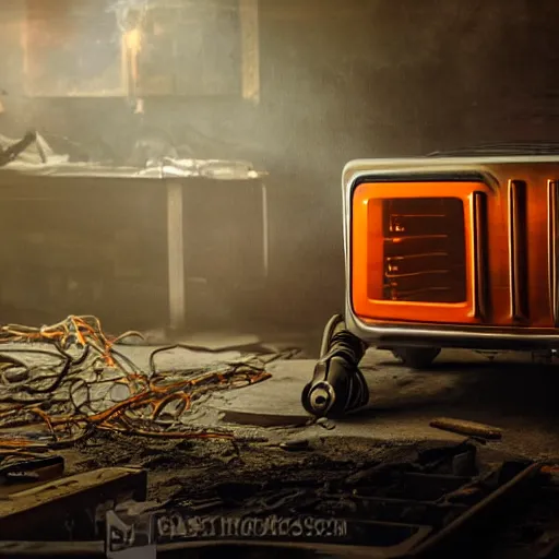 Image similar to toaster oven mecha head, dark messy smoke - filled cluttered workshop, dark, dramatic lighting, orange tint, sparks, cinematic, highly detailed, sci - fi, futuristic, movie still