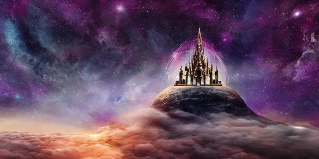 Prompt: the cosmic cathedral of infinite glory rises above the clouds. Photo-realistic UHDR.