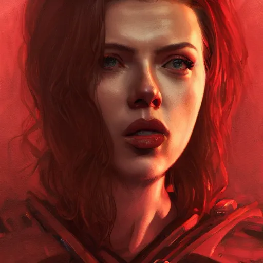 Image similar to doomguy played by scarlett johansson, face portrait, hd shot, digital portrait, elegant, beautiful, fantasy art, artstation, comic style, by artgerm, guy denning, jakub rozalski, magali villeneuve and charlie bowater