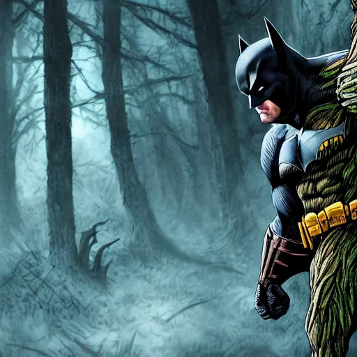 Image similar to batman meets groot in the woods digital art 4 k detailed super realistic