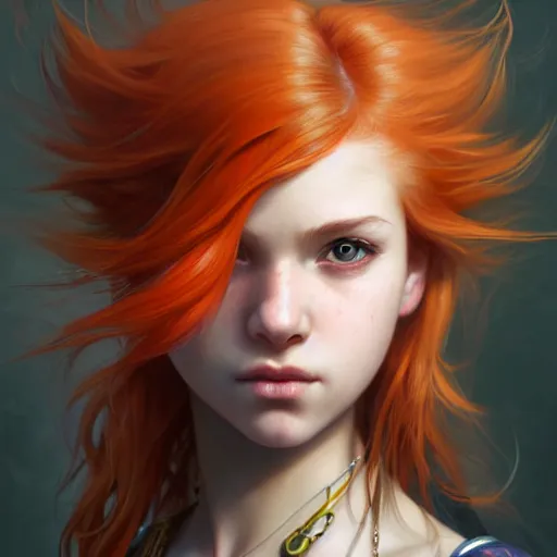 Image similar to portrait painting of a cute teenage girl with wild orange hair swept back wearing punk clothes, ultra realistic, concept art, intricate details, eerie, highly detailed, photorealistic, octane render, 8 k, unreal engine. art by artgerm and greg rutkowski and charlie bowater and magali villeneuve and alphonse mucha