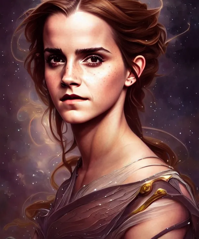 Image similar to Emma Watson as a fantasy magic woman portrait, sci-fi, amber eyes, face, long hair, fantasy, intricate, elegant, highly detailed, digital painting, artstation, concept art, smooth, sharp focus, illustration, art by artgerm and greg rutkowski and alphonse mucha