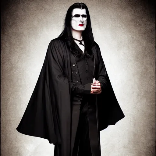 Prompt: a vampire, male, late - 4 0 s aged, long, slicked black hair, clean shaven, wearing a cape, regal, royal, grim facial expression, high fantasy, full color digital art, cinematic shot, full body shot.