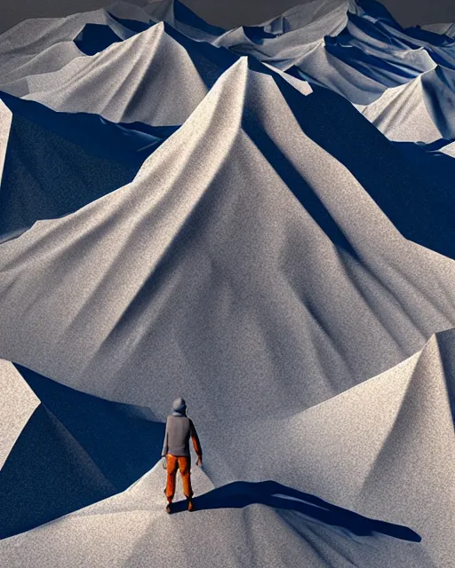 Image similar to a man standing in the middle of a mountain, a low poly render by filip hodas, behance contest winner, environmental art, rendered in cinema 4 d, volumetric lighting, low poly