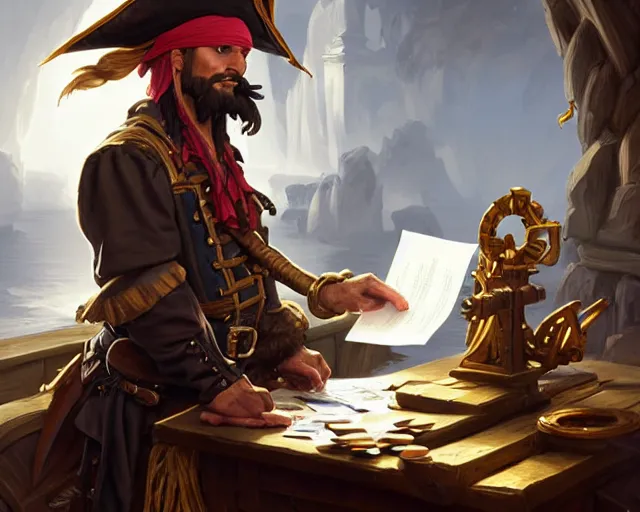 Image similar to a pirate doing his tax return, deep focus, d & d, fantasy, intricate, elegant, highly detailed, digital painting, artstation, concept art, matte, sharp focus, illustration, hearthstone, art by artgerm and greg rutkowski and alphonse mucha