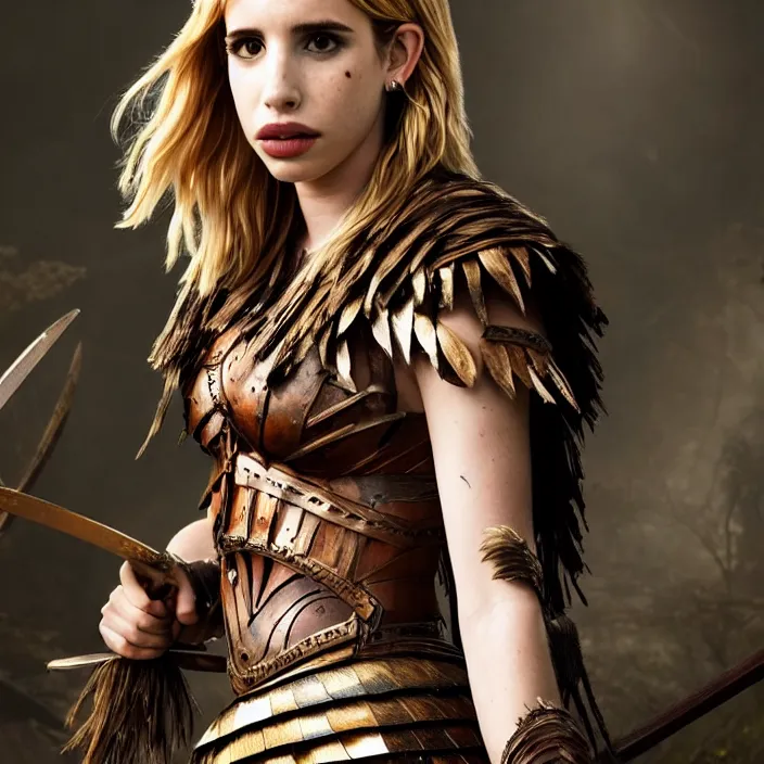 Prompt: full length photo of emma roberts as an amazon warrior, highly detailed, 4 k, hdr, smooth, sharp focus, high resolution, award - winning photo