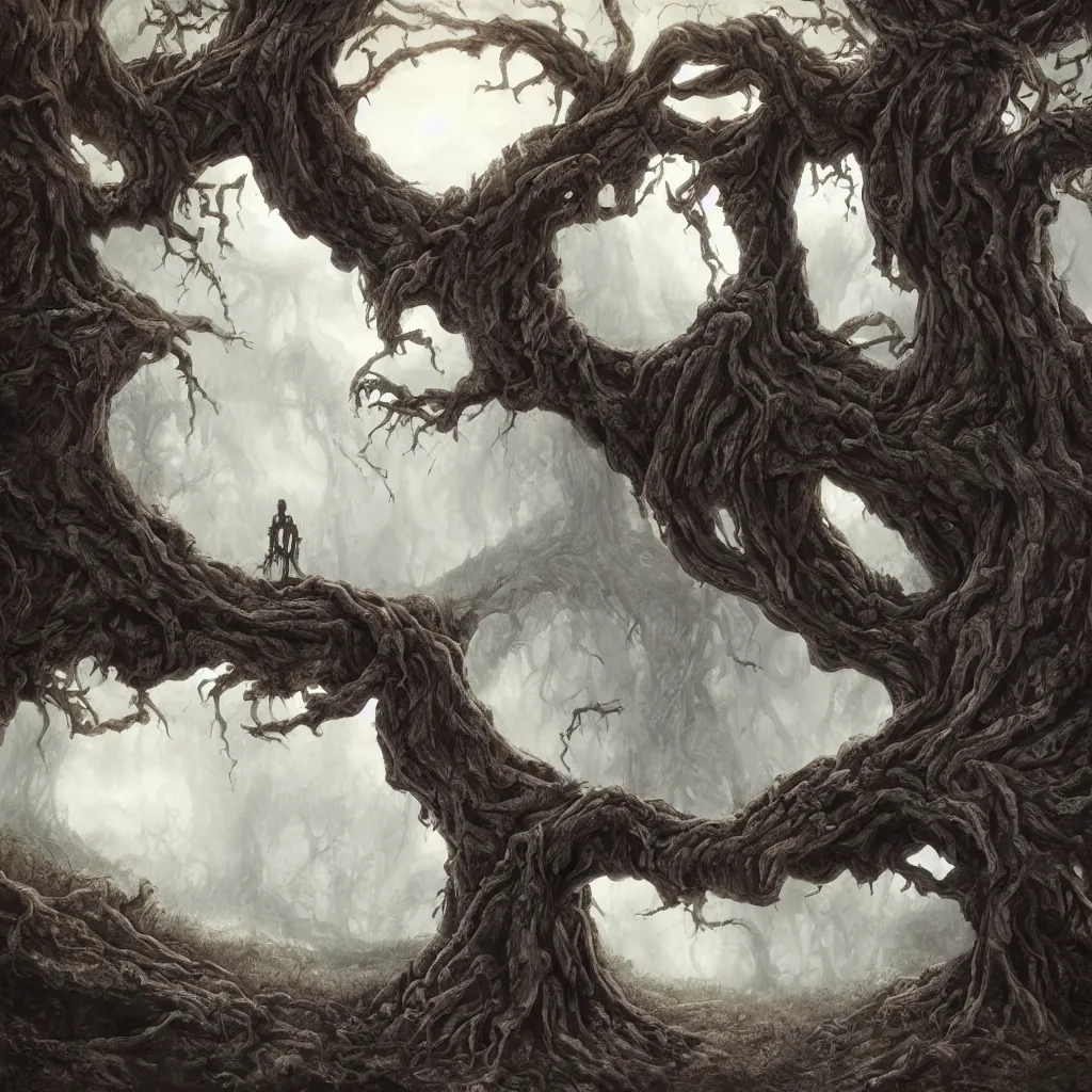 Prompt: evil ancient tree with skeleton in base, on a hill, a detailed matte painting, fantasy, foggy