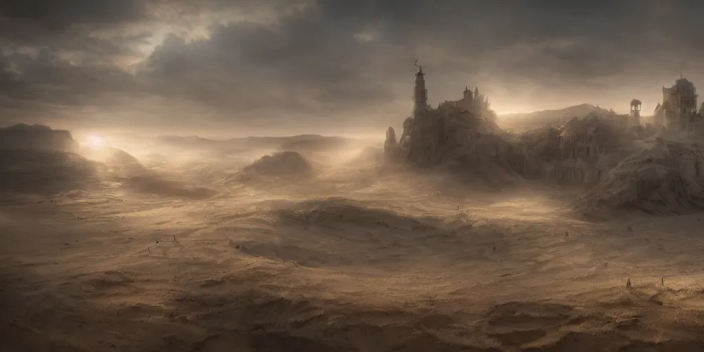 Prompt: kingdom made of sand, superwide angle, light through the mist, dramatic lighting, photorealistic, cinematic lighting, high detail, cinematic feel, high octane, 4 k, unreal engine, digital render, intricate, ultra realistic, concept art