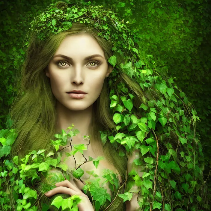 Prompt: green - skinned beautiful ethereal nature goddess in a portrait, with ivy, vines and branches entangled around her, dark forest theme, nature background, light shining through, hyper - realistic, photo render, extremely detailed