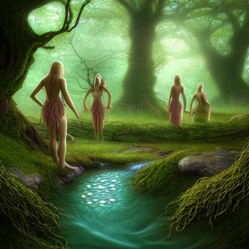 Image similar to beautiful digital fantasy illustration of A woody green field with a stream running through it, with a group of dryad women standing in the water. They seem to be preparing to submerge themselves in the cool, clear waters of the stream. a creepy creature standing in front of a mirror!, cgsociety, fantasy art, highly detailed, soft lighting, rendered in octane, masterpiece, very very very aesthetic