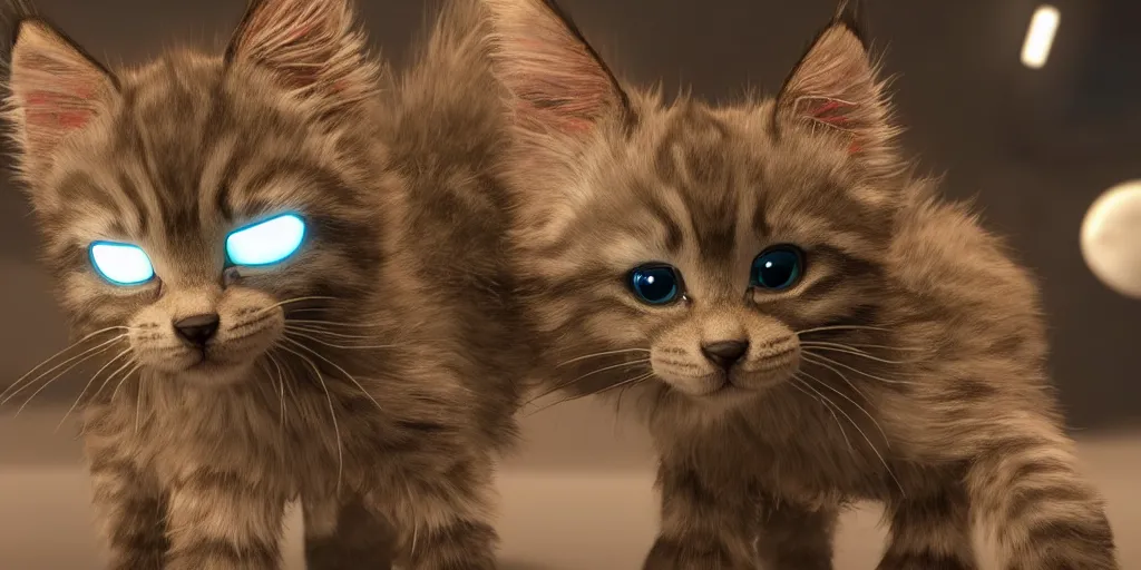 Prompt: a 3 d rendered movie of a cute robot kitten with whiskers. the robot has rgb lighting implants and it resembles a maine coon kitten. in the background is a cat tree ( cyberpunk ) for robots. dramatic lighting. science fiction blockbuster movie, imax 7 0 mm. octane 3 d render, style of mandalorian ( american space western television series ) but about robots