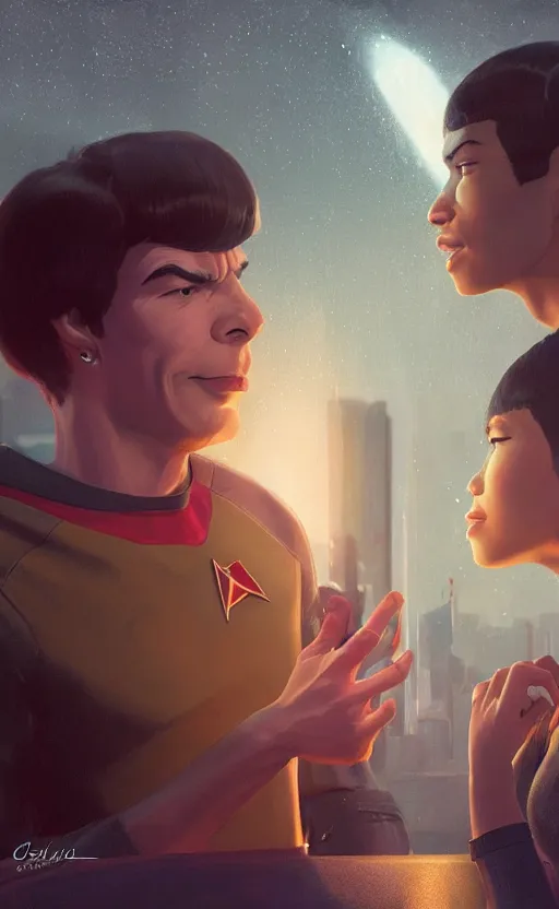 Image similar to Celia Rose Gooding as Uhura and Ethan Peck as Spock caught about to kiss, surprise, cute, innocent, soft lighting, standing in a starbase bar, In style of wojtek fus, by Makoto Shinkai, concept art, highly detailed