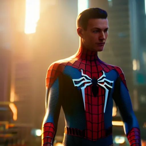 Image similar to a film portrait still of spider - man from cyberpunk 2 0 7 7 unreal engine. realism, cinematic lighting, highly detailed spider - man, 4 k. 8 mm. grainy. panavision.