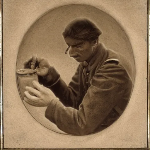 Image similar to a detailed photorealistic sepia - toned color portrait painting of a 1 9 1 7 worried clean - shaven british lieutenant in field gear in north arabia examining an ancient cylindrical clay jar, ultra realistic, intricate details, atmospheric, dark, horror, brooding, highly detailed, by clyde caldwell