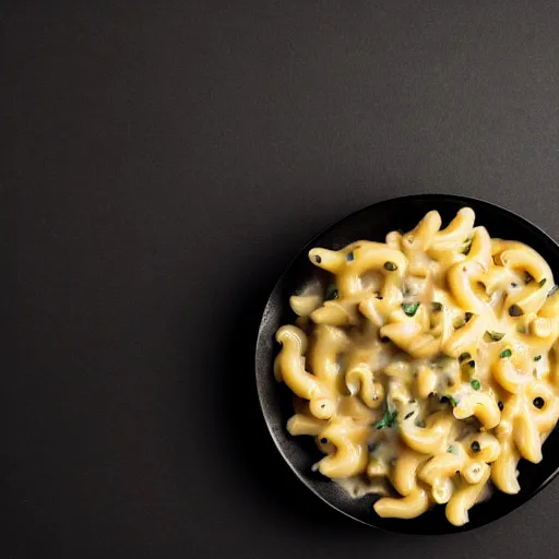 Prompt: tuna mac and cheese food photography black background soft focus in the style of Alan De Herrera