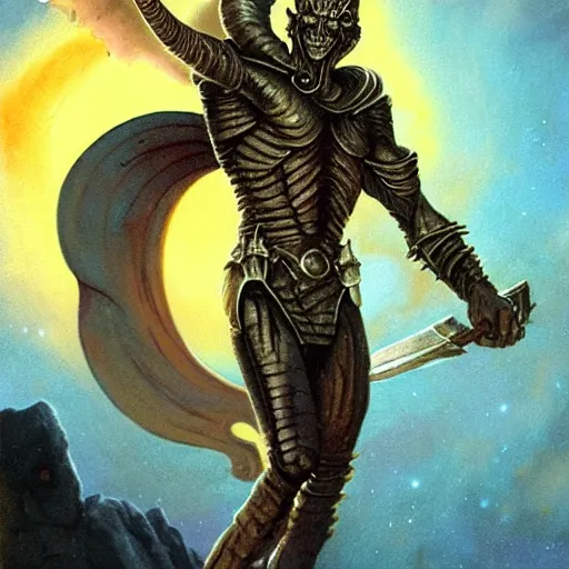 Prompt: ( ( ( half length portrait of yellow - skinned alien githyanki warrior holding a magical silver sword, in the astral plane ) ) ), d & d, fantasy, medieval, greg rutkowski, frank frazetta, alexandre chaudret, boris vallejo, michael whelan, miro petrov, hr giger, magali villeneuve, donato giancola