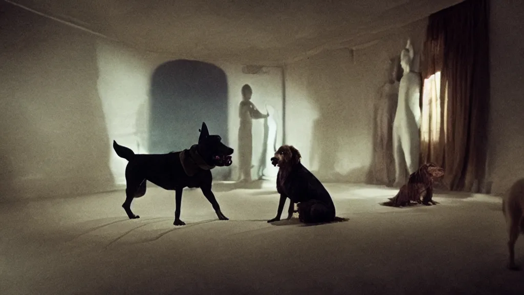 Image similar to the strange dog in the attic, made of wax and water, film still from the movie directed by Denis Villeneuve with art direction by Salvador Dalí, wide lens