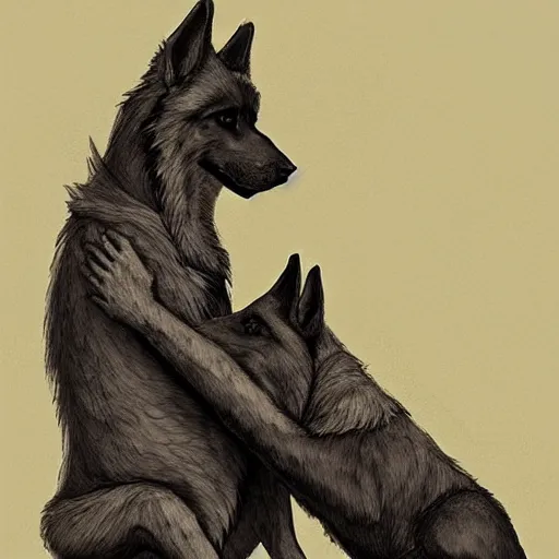 Image similar to two humanoid german shepherds beast - men, sitting on a couch and hugging together, artstation, concept art, smooth, sharp foccus ilustration, artstation