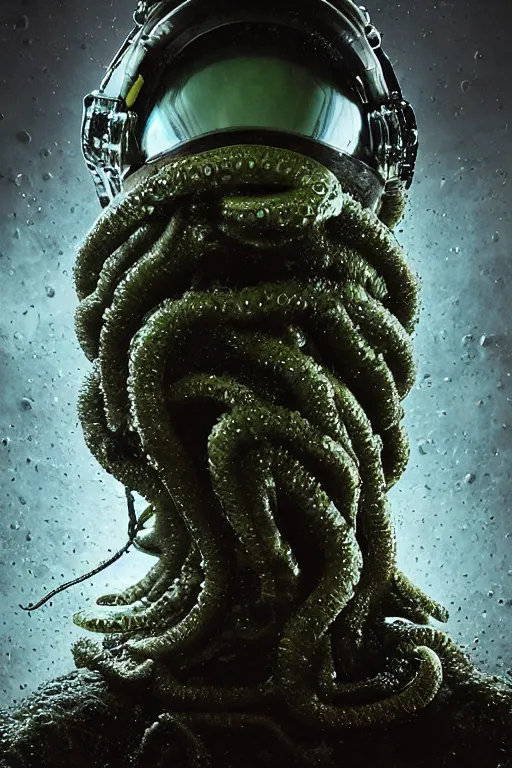 Image similar to extremely detailed studio portrait of space astronaut, alien tentacle protruding from eyes and mouth, slimy tentacle breaking through helmet visor, shattered visor, full body, soft light, disturbing, shocking realization, award winning photo by michal karcz and yoshitaka amano