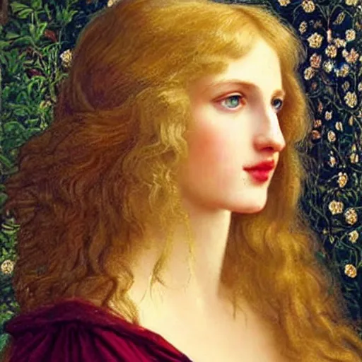 Image similar to The woman is very beautiful, she has a refined nose, plump lips, she is blonde Pre-Raphaelite style