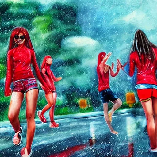 Prompt: banana wearing red shorts dancing in the rain, hyper detailed, photo realistic