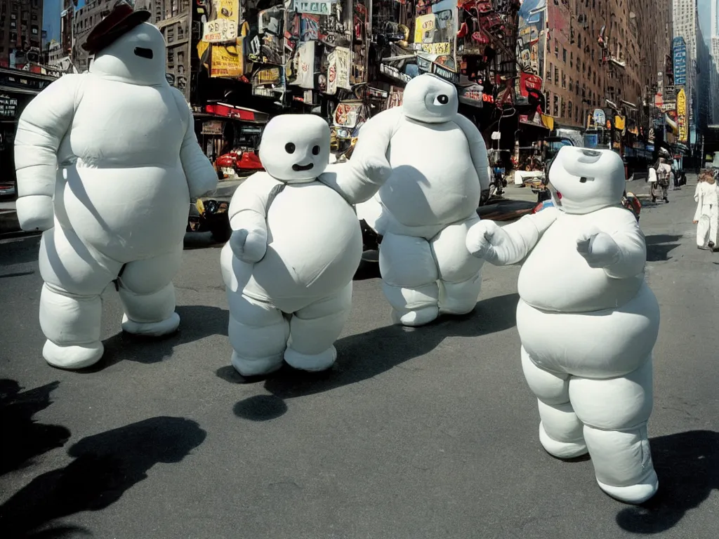 Image similar to 3 5 mm kodachrome colour photography of michelin man and stay - puft marshmallow man dancing in the streets of new york, sun and shadows, taken by harry gruyaert