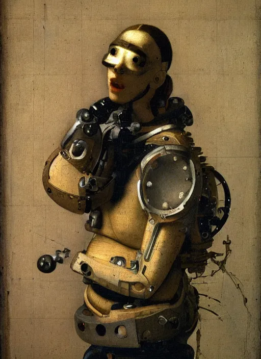 Image similar to cyborg cybernetic exoskeleton by Johannes Vermeer, renaissance style