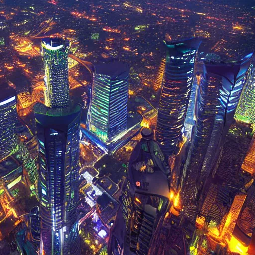 Prompt: sci - fi bangkok cityscape. wide angle night photo. helicopter view. exaggerated detail. volumetric lighting. by masamune shirow.