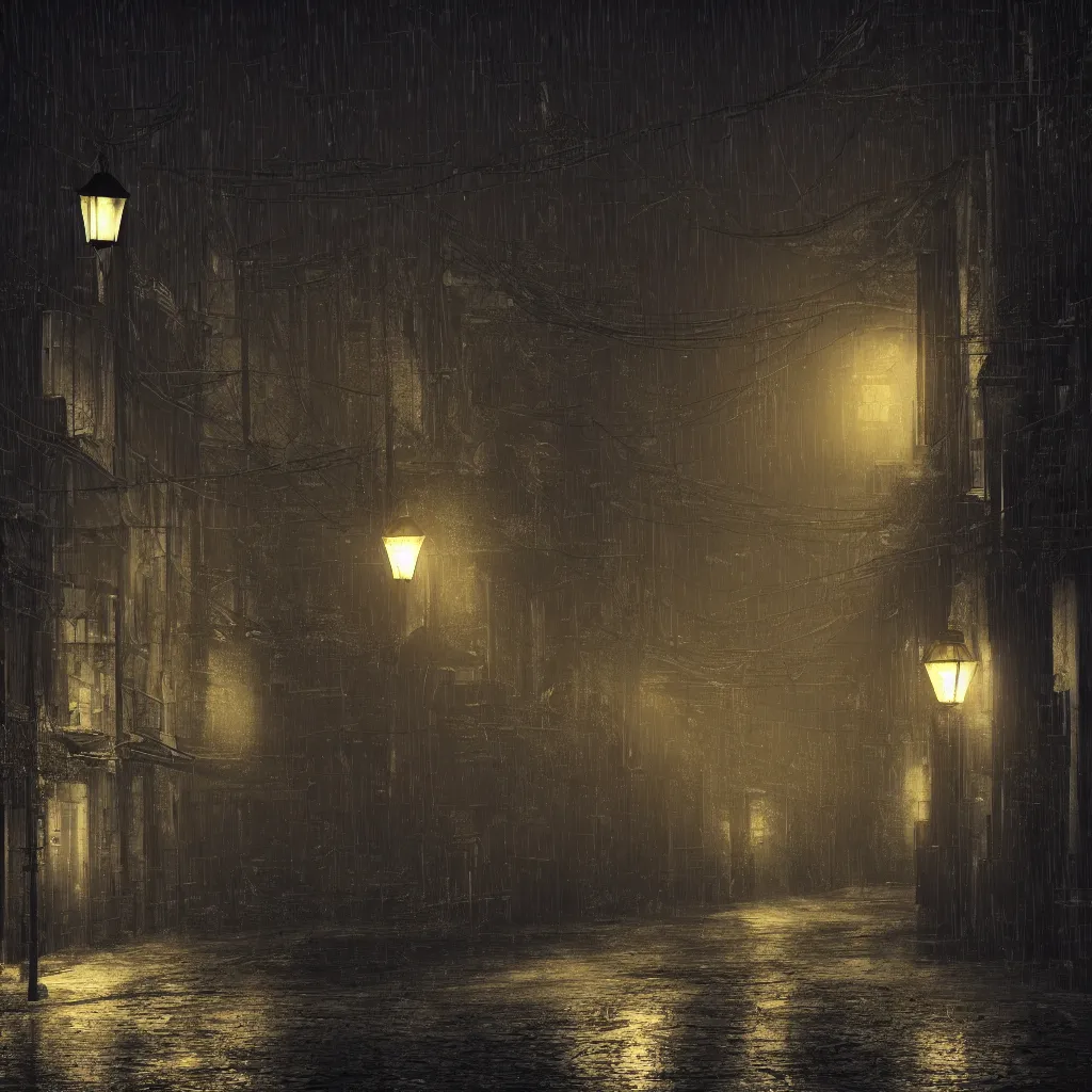 Image similar to a beautiful dark rural city ally at night, there are lanterns reflecting in the cold rain, trending on artstation, 4k