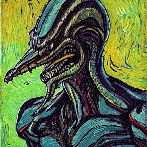 Prompt: a xenomorph from alien in the style of vincent van gogh