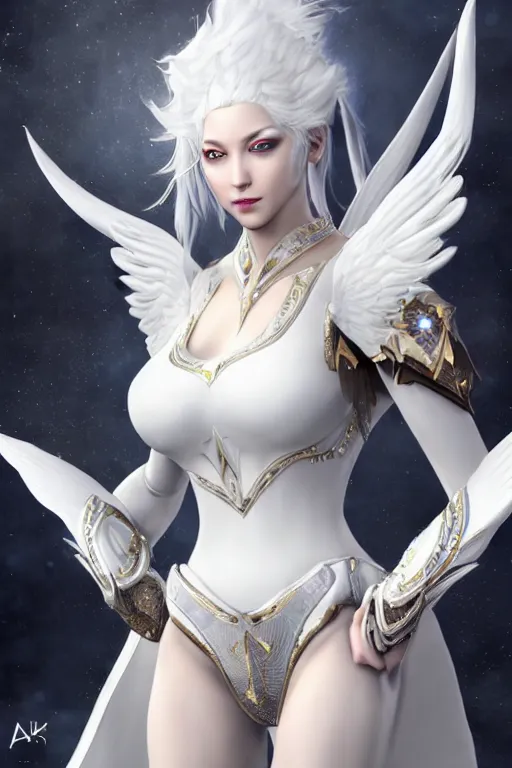 Image similar to perfect white haired egyptian goddess wearing white dove wings, warframe armor, regal, attractive, ornate, sultry, beautiful, ice queen, half asian, pretty face, blue eyes, detailed, scifi platform, 4 k, ultra realistic, epic lighting, android body, illuminated, cinematic, masterpiece, art by akihito tsukushi, voidstar