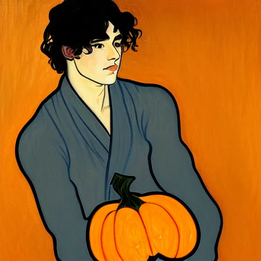 Image similar to painting of young cute handsome beautiful dark medium wavy hair man in his 2 0 s named shadow taehyung at the halloween pumpkin jack o'lantern party, depressed, melancholy, autumn, japan, elegant, clear, painting, stylized, delicate, soft facial features, delicate facial features, soft art, art by alphonse mucha, vincent van gogh, egon schiele