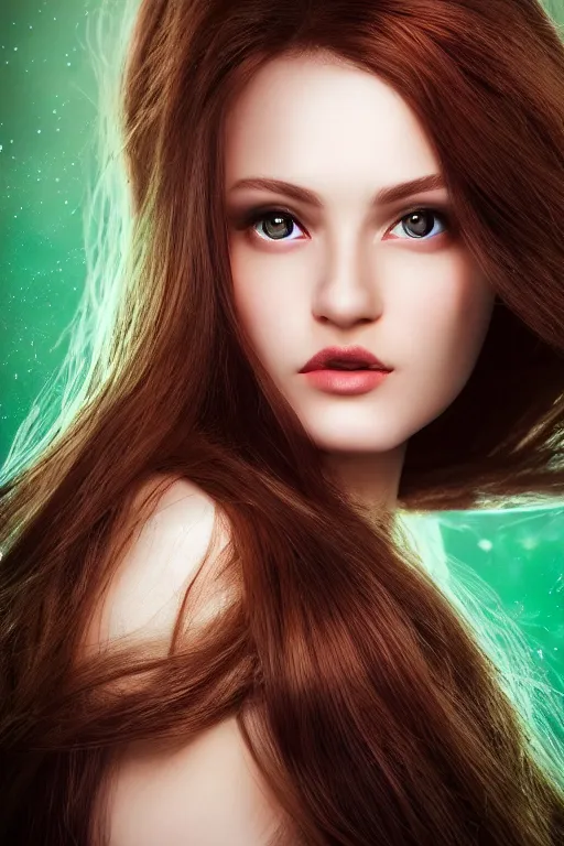 Image similar to pretty female wizard posing in front of plains + auburn hair + green eyes + elegant + warm hairlight + dramatic light + photorealistic + octane render + large well-defined eyelids + big astonished eyes + translucent skin + glossy lips + generous