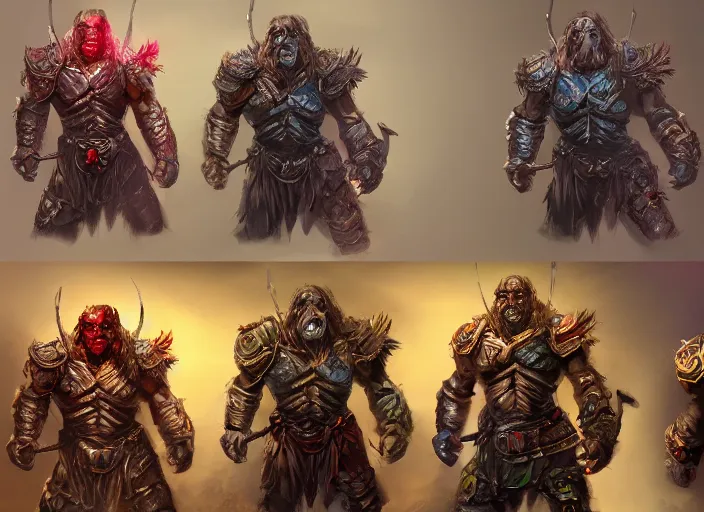 Image similar to three different views of orcs in armour, intricate! beautiful colourful digital concept art by senior character artist, trending on artstation, artstation hd, full body