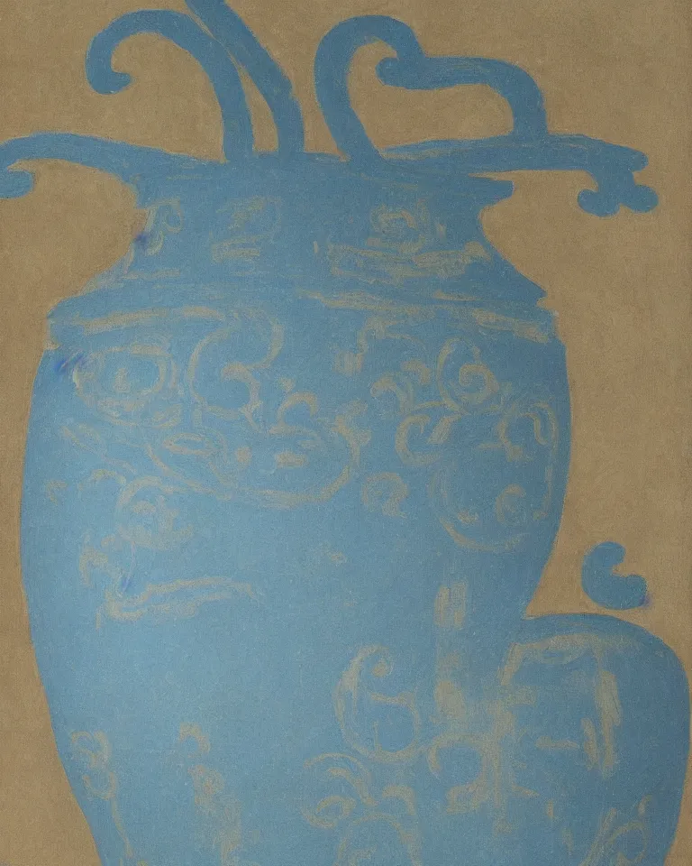 Prompt: achingly beautiful print of one painted ancient greek vase on baby blue background by rene magritte, monet, and turner. symmetrical.