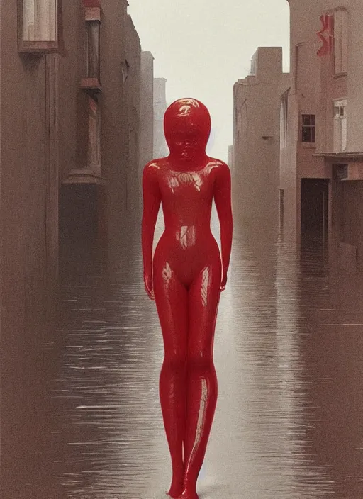 Prompt: futuristic woman dressed in transparent red plastic bags, on flooded street Edward Hopper and James Gilleard, Zdzislaw Beksinski, highly detailed