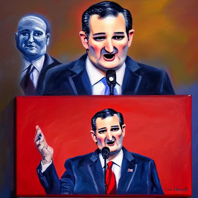 Image similar to an oil on canvas portrait painting of ted cruz giving a speech at the republican convention, surrealism, surrealist, cosmic horror, high detail