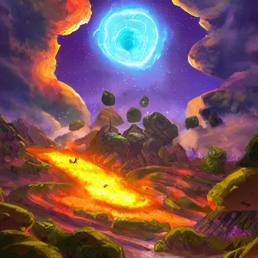 Image similar to giant fiery rocky asteroid rain, meteor shower, hearthstone art style, epic fantasy style art, fantasy epic digital art, epic fantasy card game art