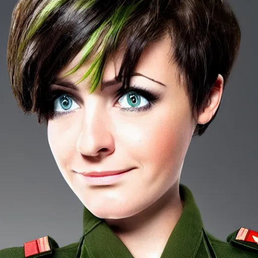 Image similar to brunette woman, short hair, flipped out ends hair, bright green eyes, fascistic military uniform, smirk, cartoon style