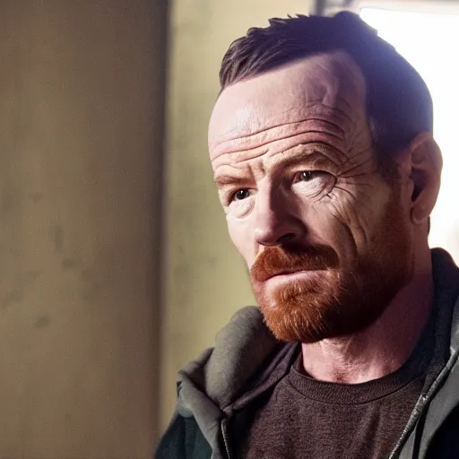 Image similar to Live Action Still of Bryan Cranston dressed as and playing Jesse Pinkman in Breaking Bad, real life, hyperrealistic, ultra realistic, realistic, highly detailed, epic, HD quality, 8k resolution, body and headshot, film still