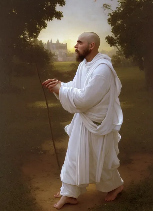 Prompt: oil painting portrait of a tonsured dominican monk in a white habit, striding dancing through a flourishing garden at sunset with a monastery in the background, hazy, digital art, chiaroscuro, artstation, cinematic, golden hour, digital art painting by greg rutkowski, william - adolphe bouguereau, hazy atmosphere, flowers, cinematic lighting