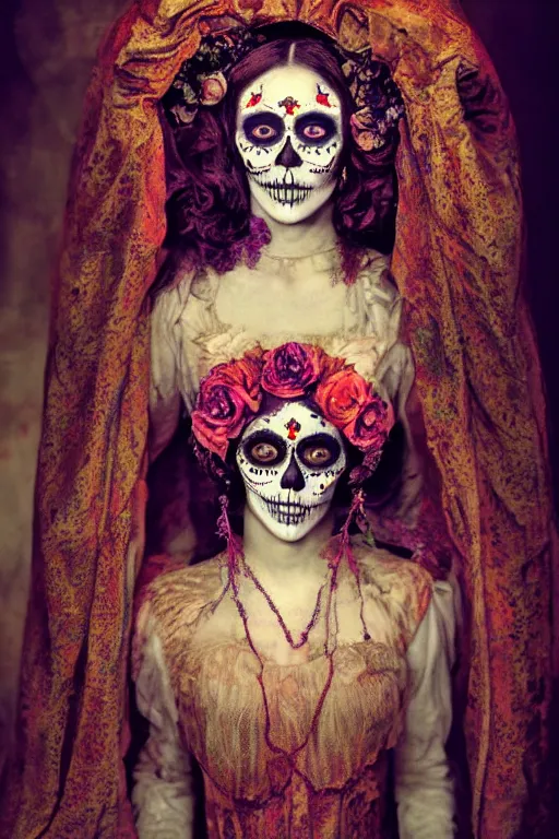 Image similar to 1 9 2 0's virgin mary dia de muertos dress and make up, horrific beautiful vibe, evocative, atmospheric lighting, painted, intricate, highly detailed, leesha hannigan, wayne haag, reyna rochin, ignacio fernandez rios, mark ryden, iris van herpen, stunning, gorgeous, sharp focus, cinematic, masterpiece