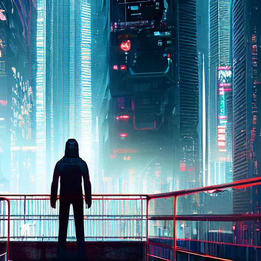 Image similar to a man standing on top of a bridge over a city, cyberpunk art by vincent lefevre, behance contest winner, altermodern, cityscape, synthwave, matte painting, - w 7 6 8